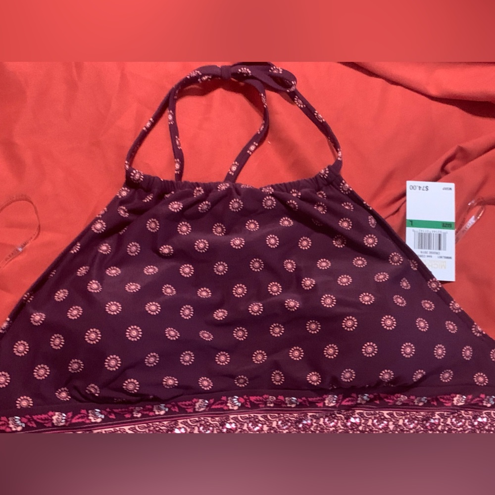 NEW MICHAEL KORS HALTER SWIM TOP LARGE maroon BIKINI OPEN BACK PATTERNED NWT